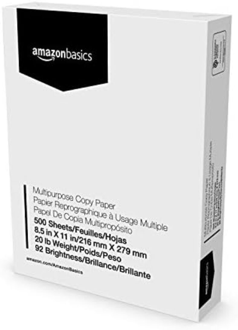 Amazon Basics Multipurpose Copy Printer Paper, 8.5″ x 11″, 20 lb, 1 Ream, 500 Sheets, 92 Bright, White