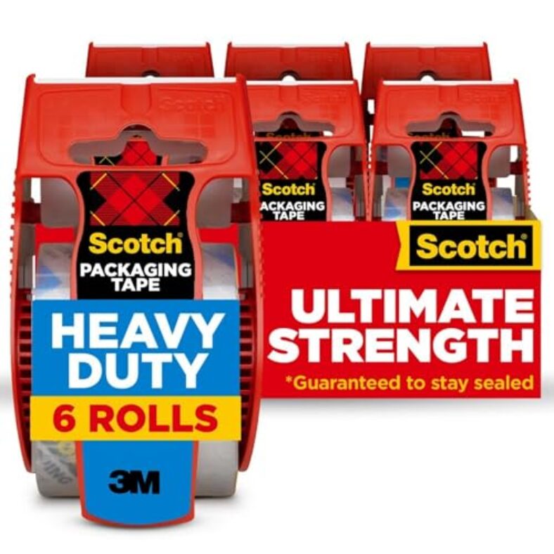 Scotch Heavy Duty Packaging Tape, 1.88″ x 22.2 yd, Designed for Packing, Shipping and Mailing, Strong Seal on All Box Types, 1.5″ Core, Clear, 6 Rolls with Dispenser (142-6)