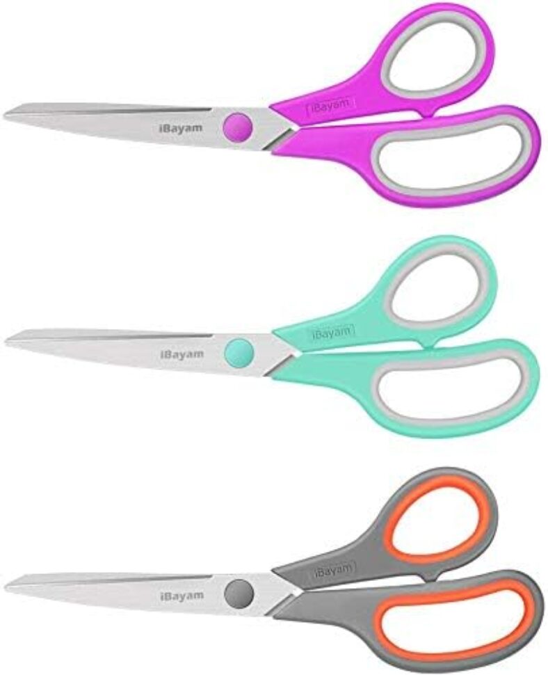 Scissors, iBayam 8″ All Purpose Scissors Bulk 3-Pack, Ultra Sharp 2.5mm Thick Blade Shears Comfort-Grip Scissors for Office Desk Accessories Sewing Fabric Home Craft School Supplies, Right/Left Handed