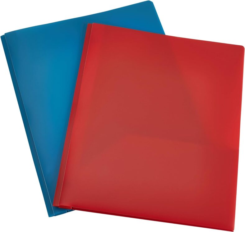 Amazon Basics Heavy Duty Plastic Folders with 2 Pockets for Letter Size Paper, Red and Blue, 2-Pack