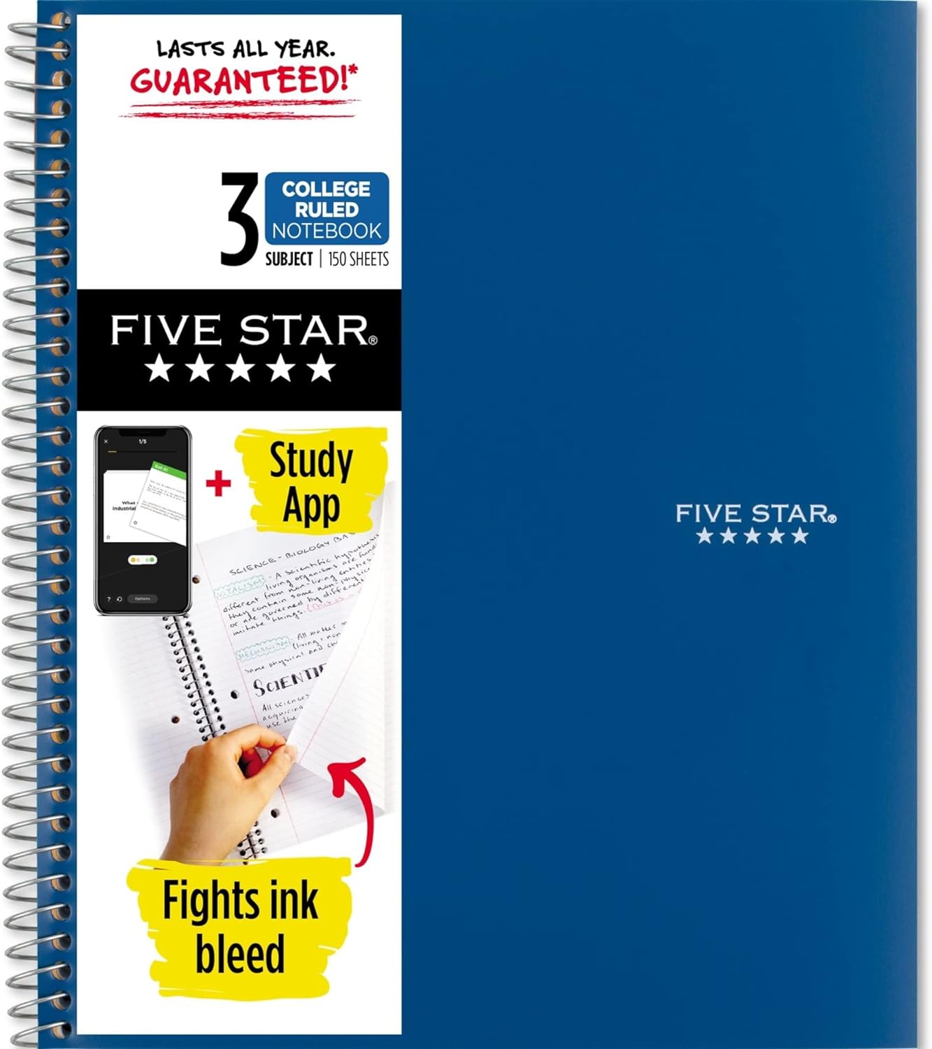 Five Star Spiral Notebook + Study App, 3 Subject, College Ruled Paper, Fights Ink Bleed, Water Resistant Cover, 8-1/2″ x 11″, 150 Sheets, Blue (73623)