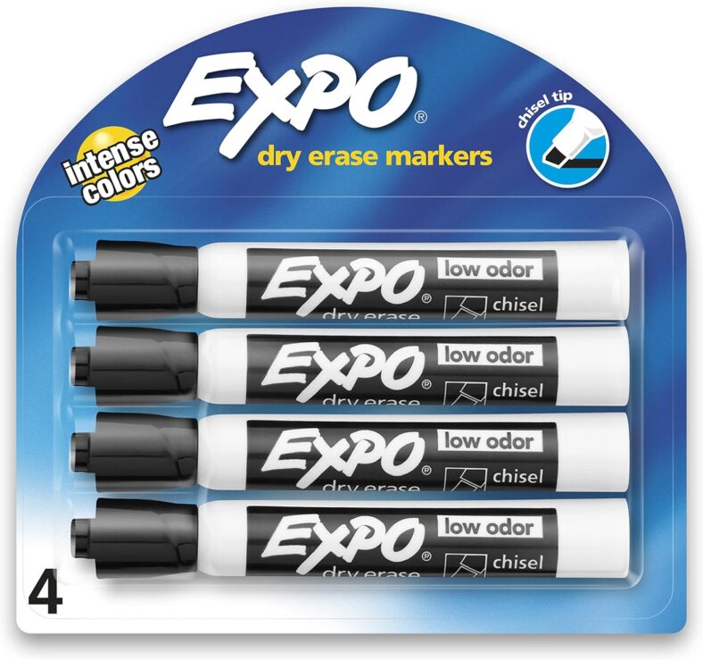 EXPO Low Odor Dry Erase Markers, Chisel Tip, Black, 4 Count