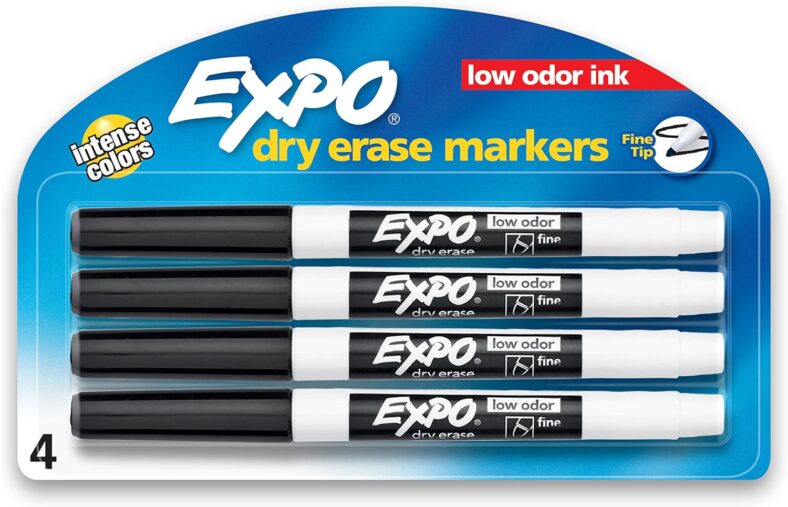 EXPO Low Odor Dry Erase Markers, Fine Tip, Black 4 Count