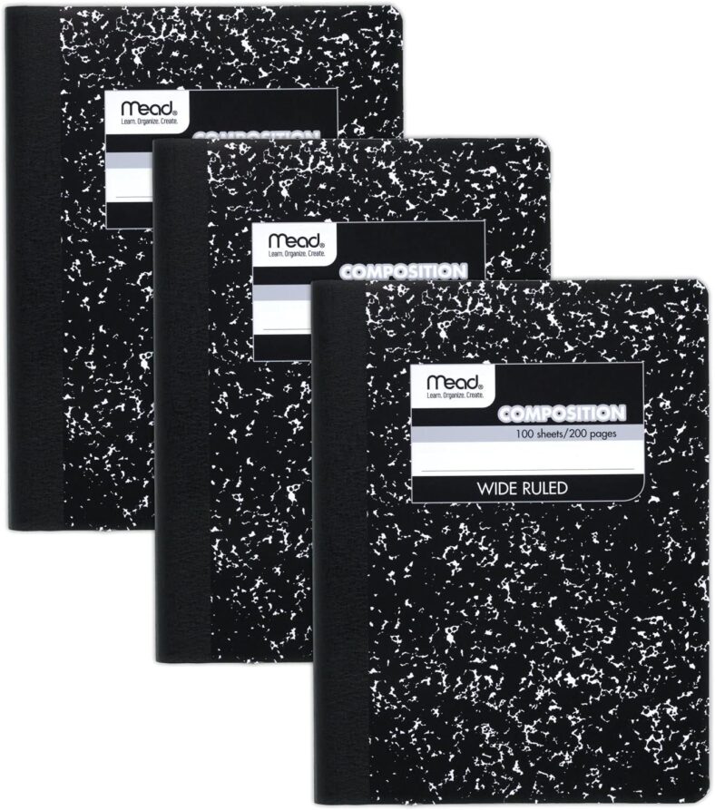 Mead Composition Notebooks, 3 Pack, Wide Ruled Paper, 9-3/4″ x 7-1/2″, 100 Sheets per Comp Book, Black Marble (38301)