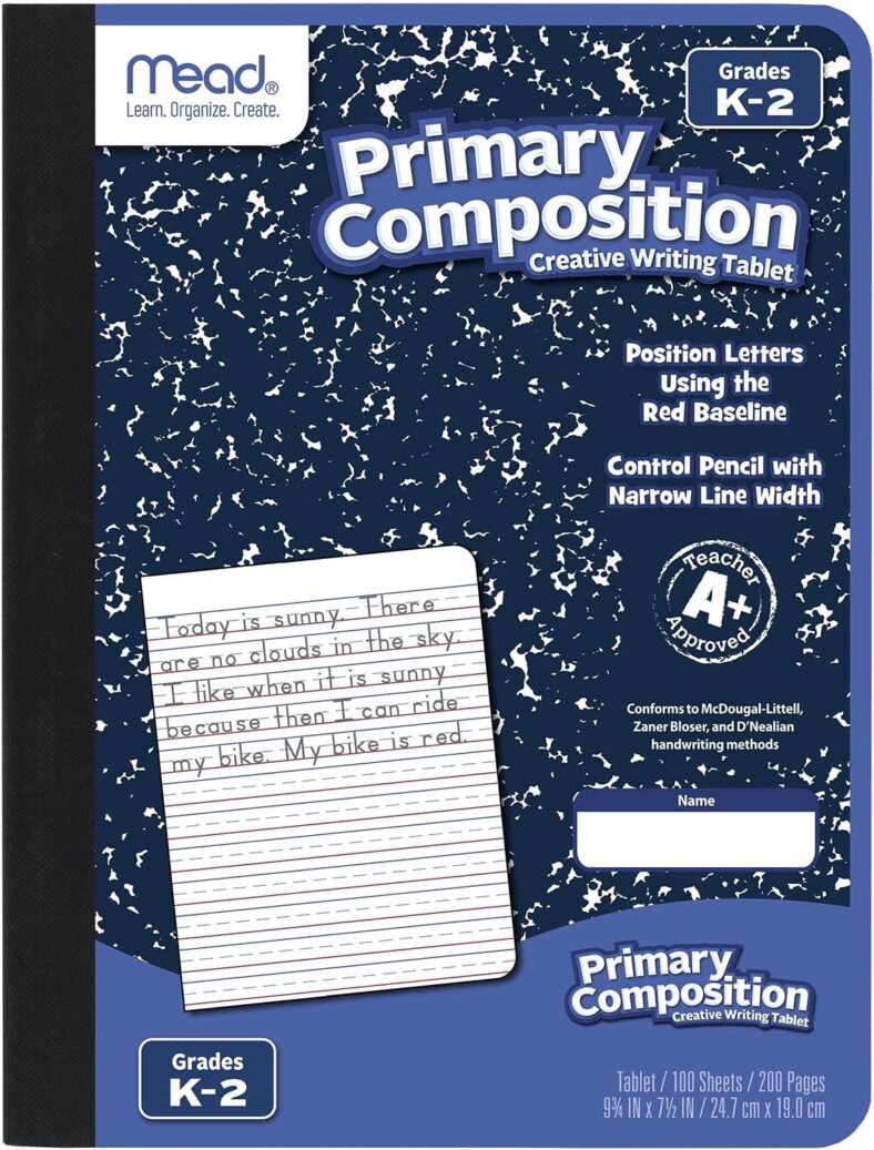 Mead Primary Composition Notebook, Wide Ruled Paper, Grades K-2 Writing Workbook, 9-3/4″ x 7-1/2″, 100 Sheets, Blue Marble (09902)