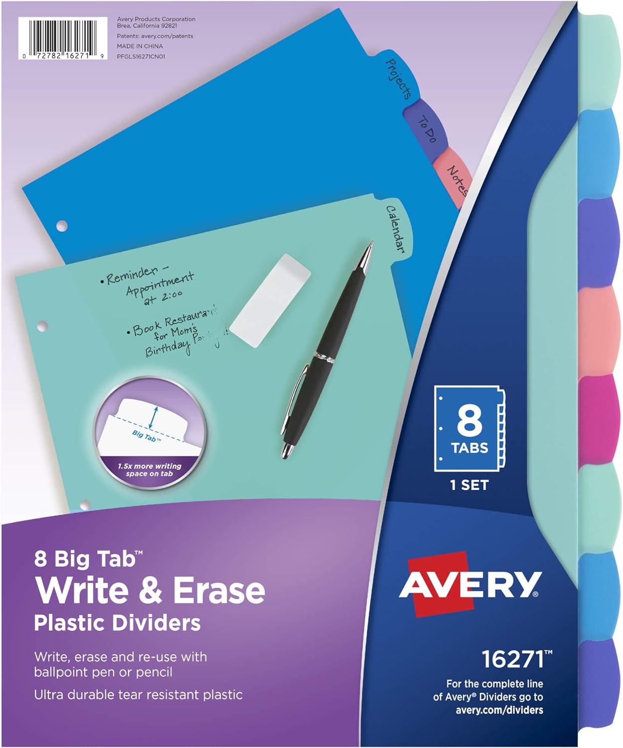 Avery Durable Plastic 8-Tab Write & Erase Big Tab Dividers for 3 Ring Binders, Pastel Brights (16271)