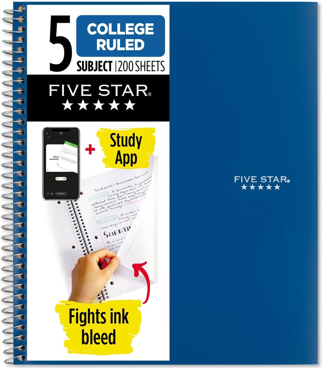 Five Star Spiral Notebook + Study App, 5 Subject, College Ruled Paper, Fights Ink Bleed, Water Resistant Cover, 8-1/2″ x 11″, 200 Sheets, Blue (73635)