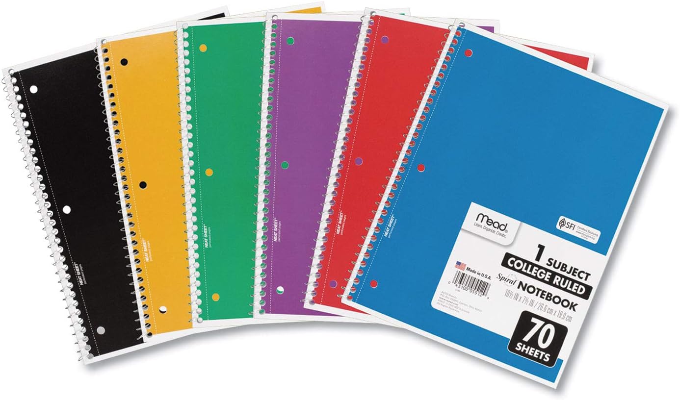 Mead Spiral Notebooks, 6 Pack, 1 Subject, College Ruled Paper, 7-1/2″ x 10-1/2″, 70 Sheets per Notebook, Color Will Vary (73065)