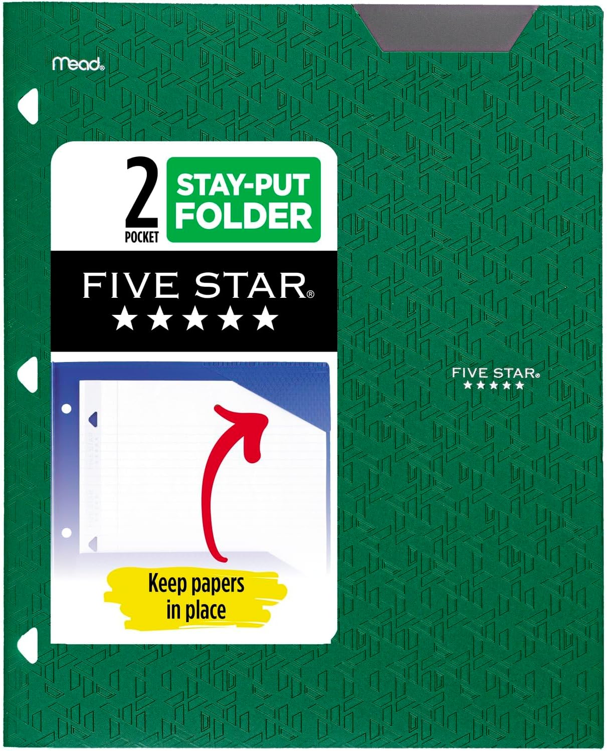 Five Star 2-Pocket Folder, Plastic Folder with Stay-Put Tabs, Fits 3 Ring Binder, Holds 8-1/2″ x 11″ Paper, Green (333420E-ECM)