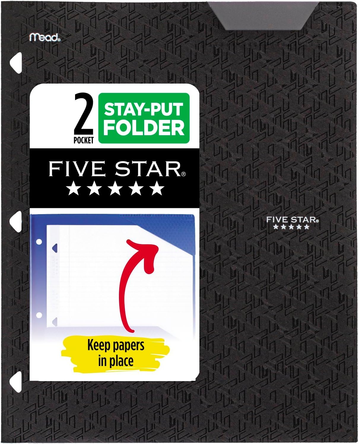 Five Star 2-Pocket Folder, Plastic Folder with Stay-Put Tabs, Fits 3 Ring Binder, Holds 8-1/2″ x 11″ Paper, Black (333420G-ECM)