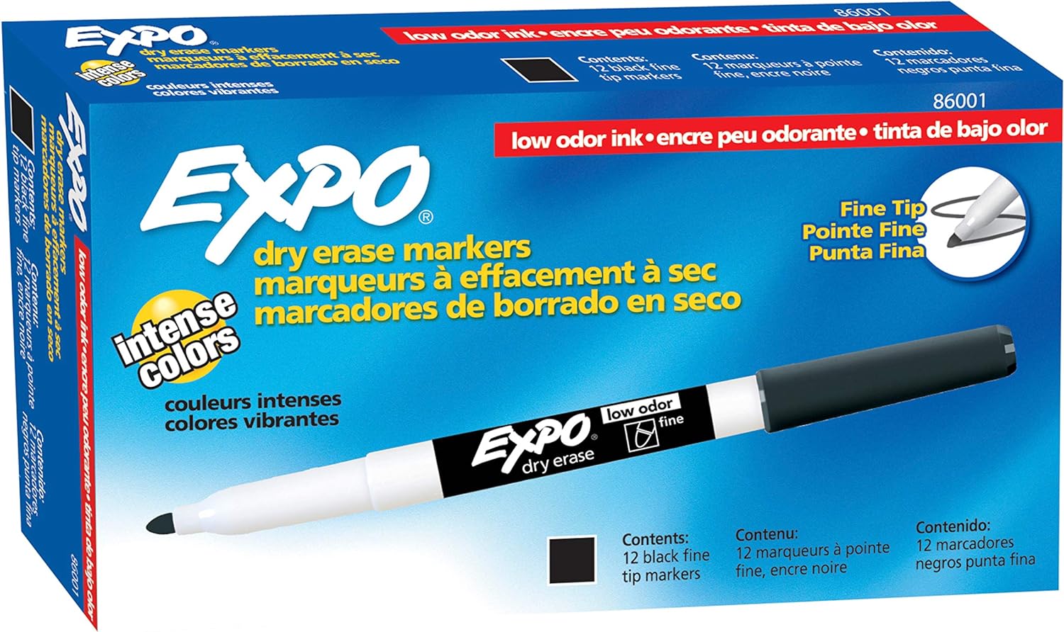 EXPO Low Odor Dry Erase Markers, Fine Tip, Black, 12 Count