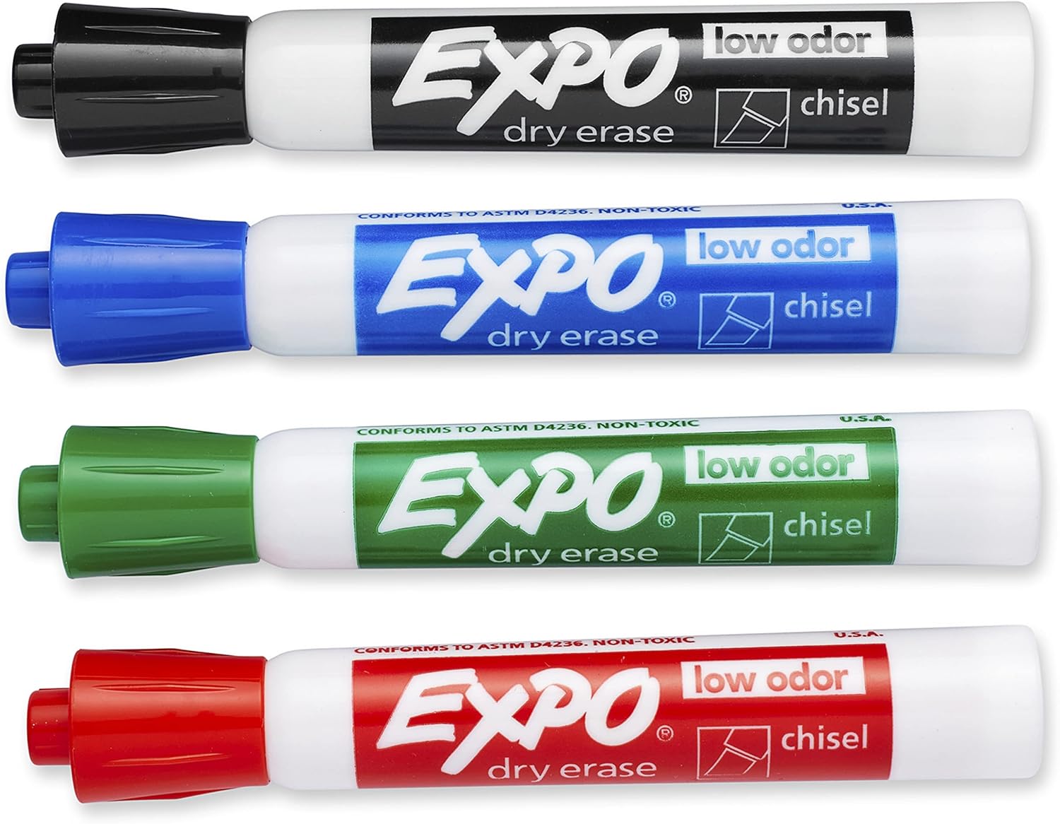 EXPO Low Odor Dry Erase Markers, Chisel Tip, Assorted Colors, 4 Count