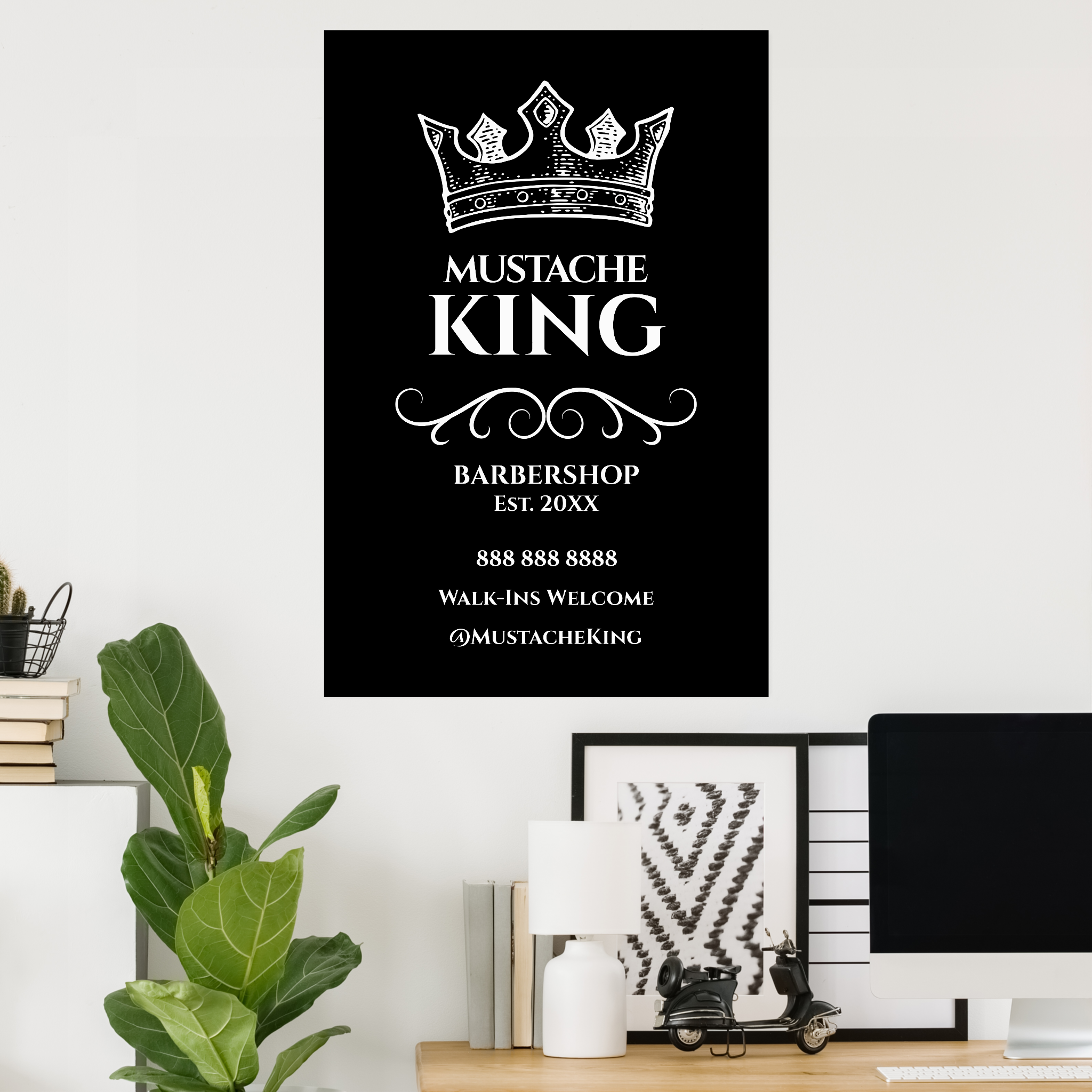 24×36 White Crown King Mustache Barbershop Sign
