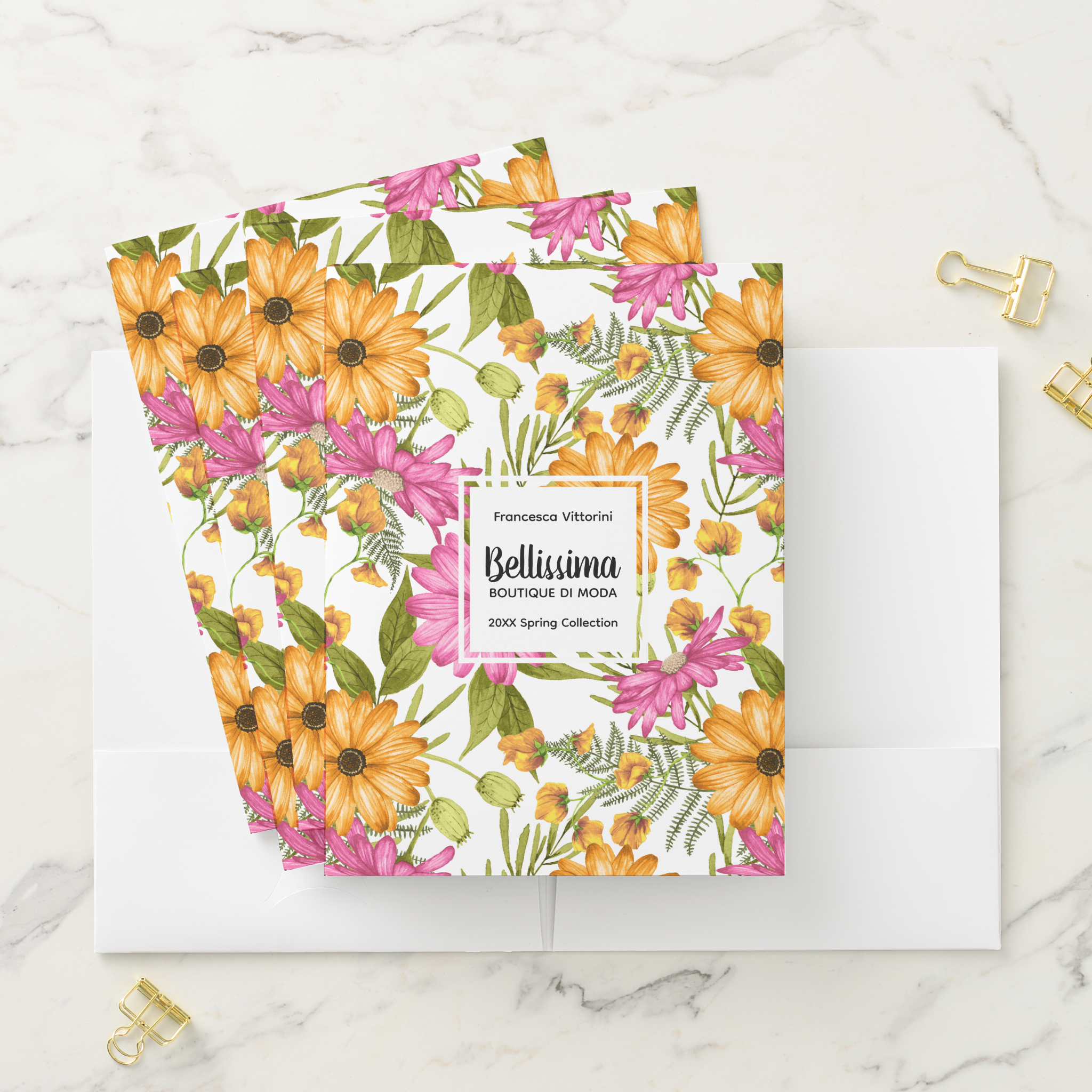 Chic Elegant Modern Yellow Pink Floral Business Pocket Folder