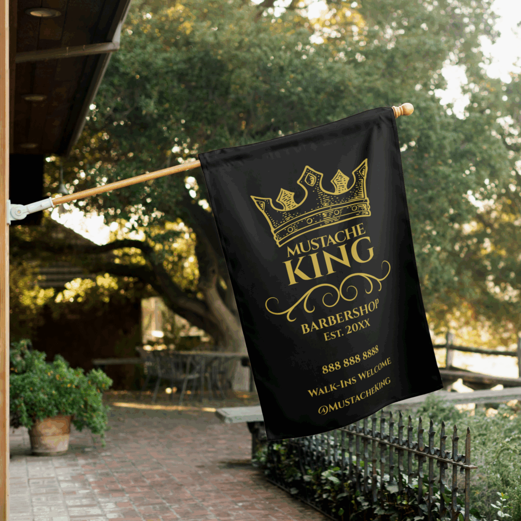 Modern House Flag with Gold Crown King Mustache Logo