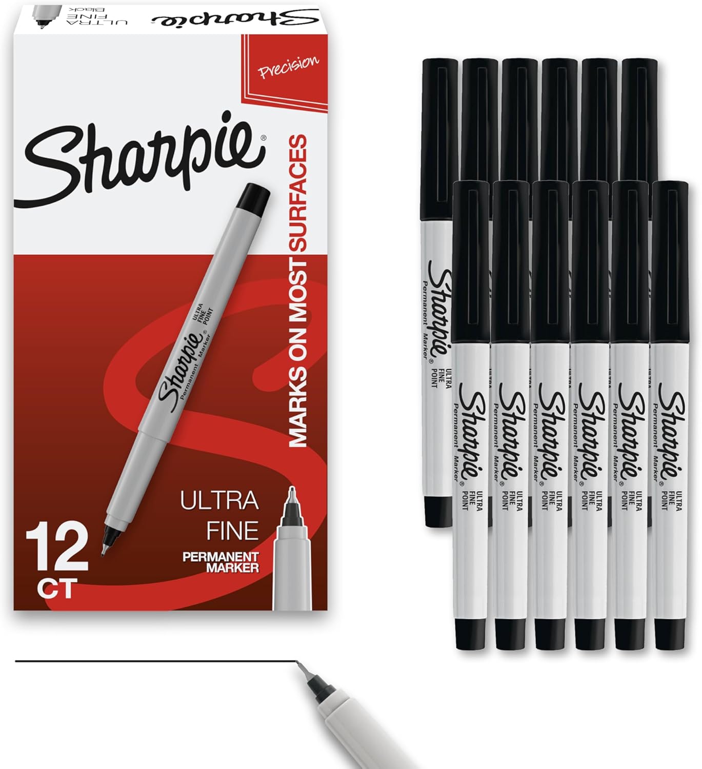 Sharpie Permanent Markers, Ultra Fine Tip Markers Set, Quick Drying And Fade Resistant Artist Marker For Wood, Plastic Paper, Metal, And More, Drawing, Coloring, And Poster Marker Black, 12 Count
